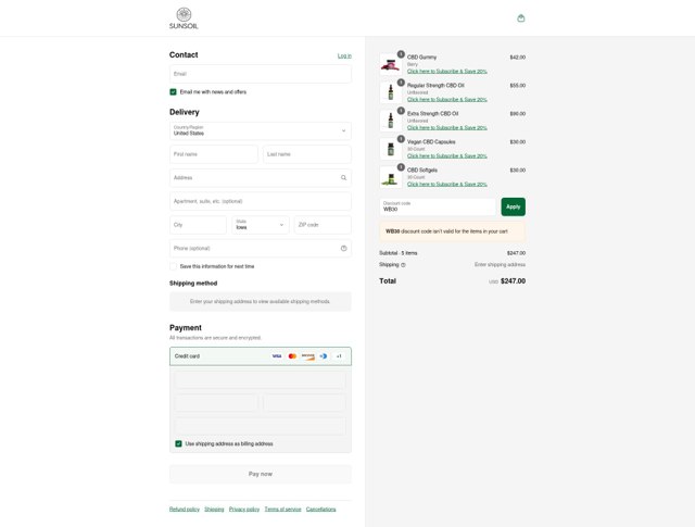 Sunsoil checkout page showing Sunsoil discount code box | Screenshot taken by SimplyCodes community member on Sep 6, 2025