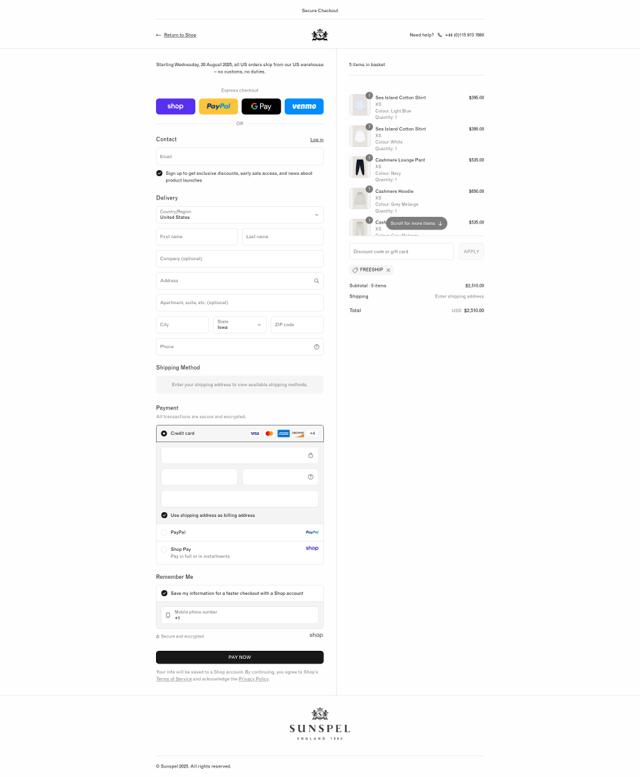 Sunspel checkout page showing Sunspel discount code box | Screenshot taken by SimplyCodes community member on Sep 7, 2025