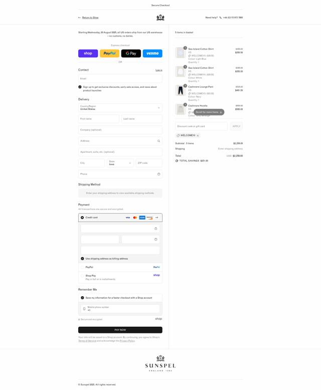 Sunspel checkout page showing Sunspel discount code box | Screenshot taken by SimplyCodes community member on Aug 29, 2025