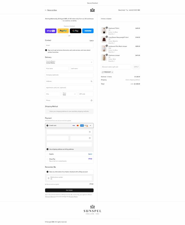 Sunspel checkout page showing Sunspel discount code box | Screenshot taken by SimplyCodes community member on Aug 25, 2025