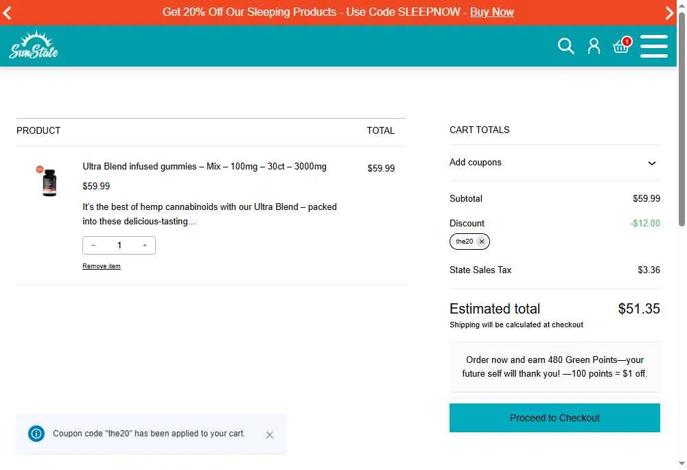 Sun State Hemp checkout page showing Sun State Hemp coupon code box | Screenshot taken by SimplyCodes community member on Dec 31, 2025