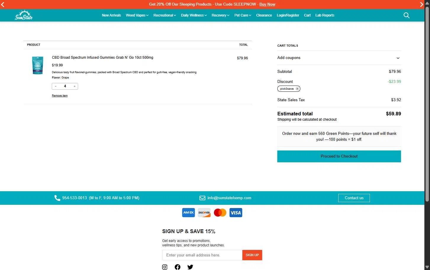 Sun State Hemp checkout page showing Sun State Hemp coupon code box | Screenshot taken by SimplyCodes community member on Dec 6, 2025