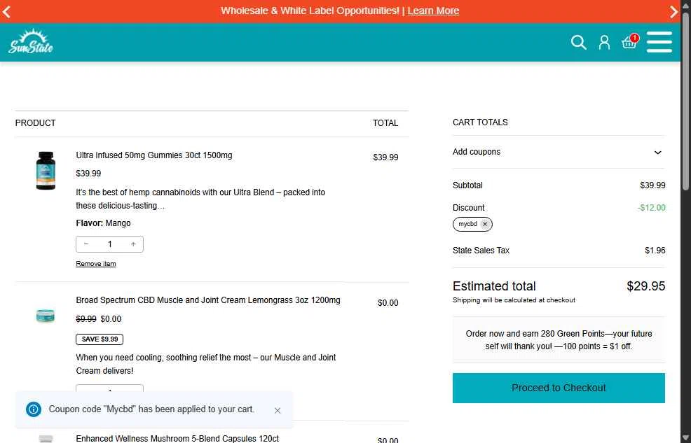 Sun State Hemp checkout page showing Sun State Hemp coupon code box | Screenshot taken by SimplyCodes community member on Dec 18, 2025