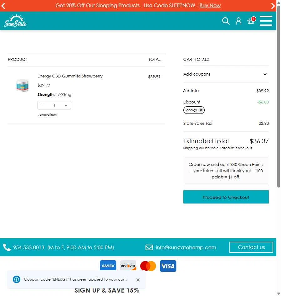 Sun State Hemp checkout page showing Sun State Hemp coupon code box | Screenshot taken by SimplyCodes community member on Dec 16, 2025