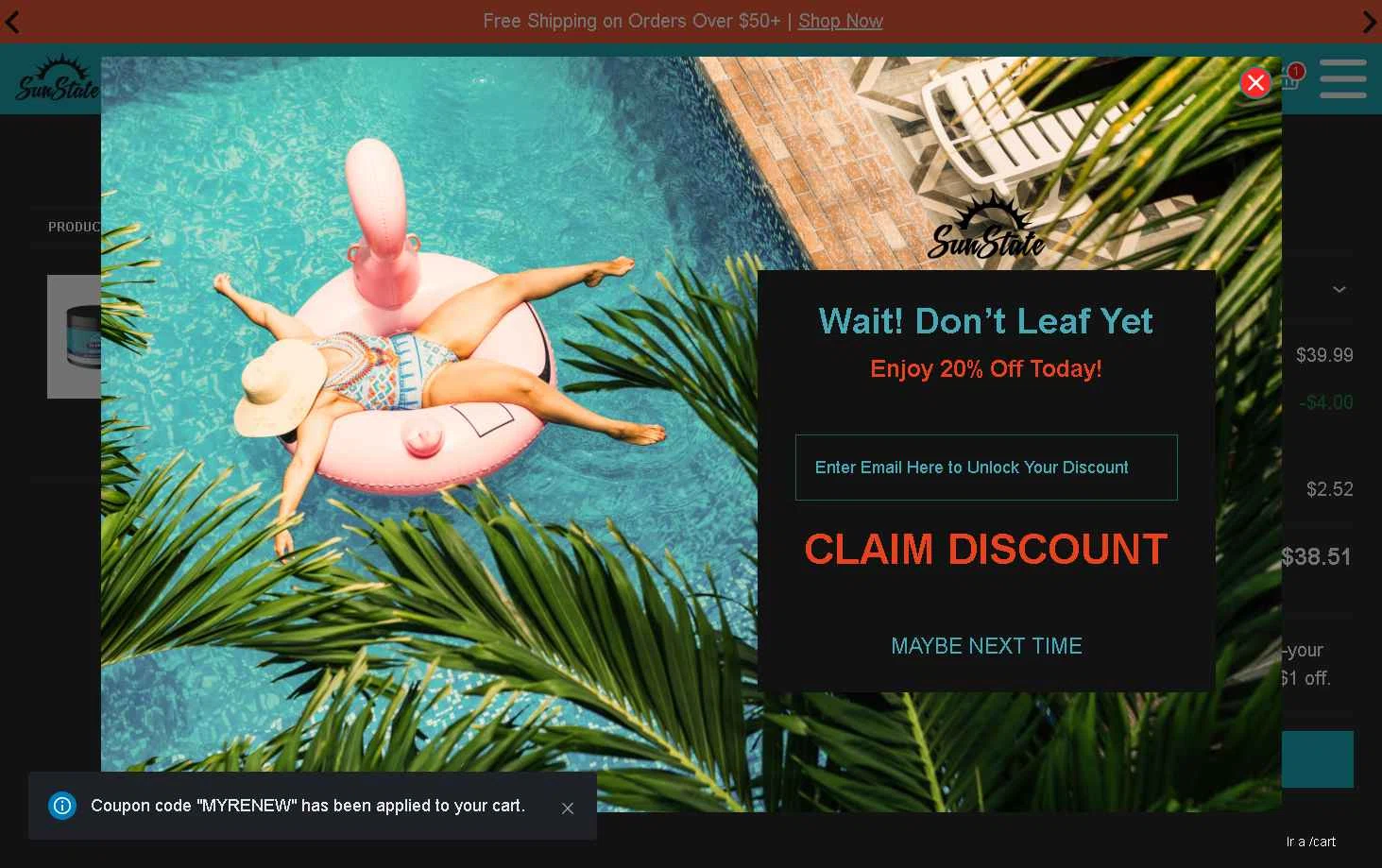 Sun State Hemp checkout page showing Sun State Hemp coupon code box | Screenshot taken by SimplyCodes community member on Dec 10, 2025