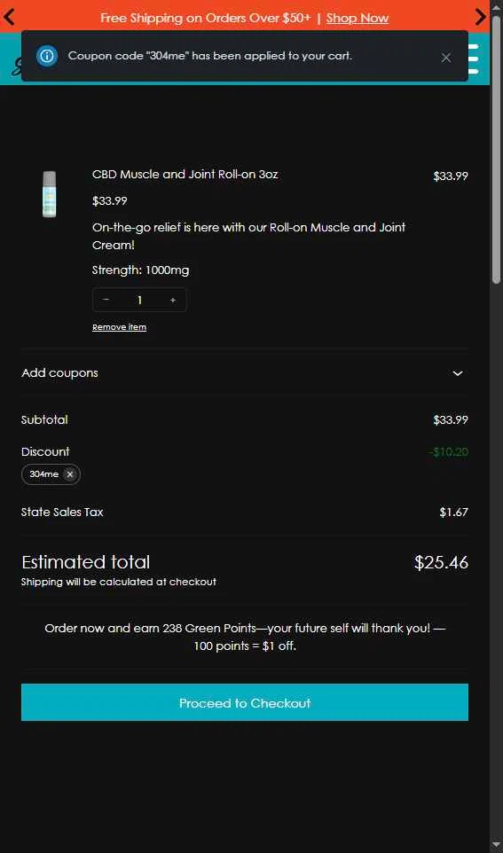 Sun State Hemp checkout page showing Sun State Hemp coupon code box | Screenshot taken by SimplyCodes community member on Dec 15, 2025