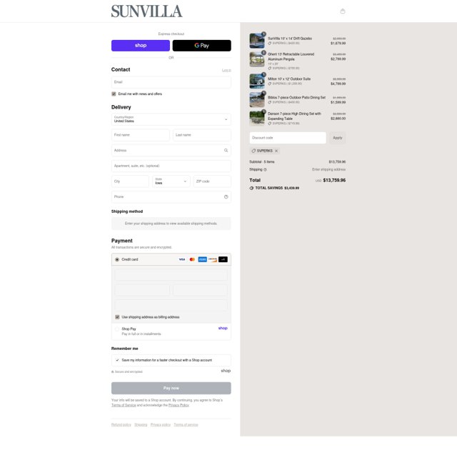 SunVilla checkout page showing SunVilla coupon code box | Screenshot taken by SimplyCodes community member on Aug 31, 2025