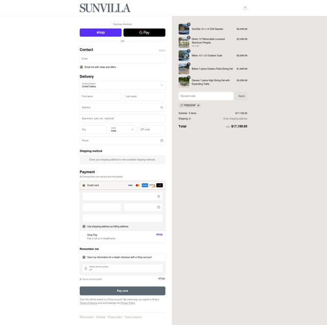 SunVilla checkout page showing SunVilla coupon code box | Screenshot taken by SimplyCodes community member on Aug 31, 2025