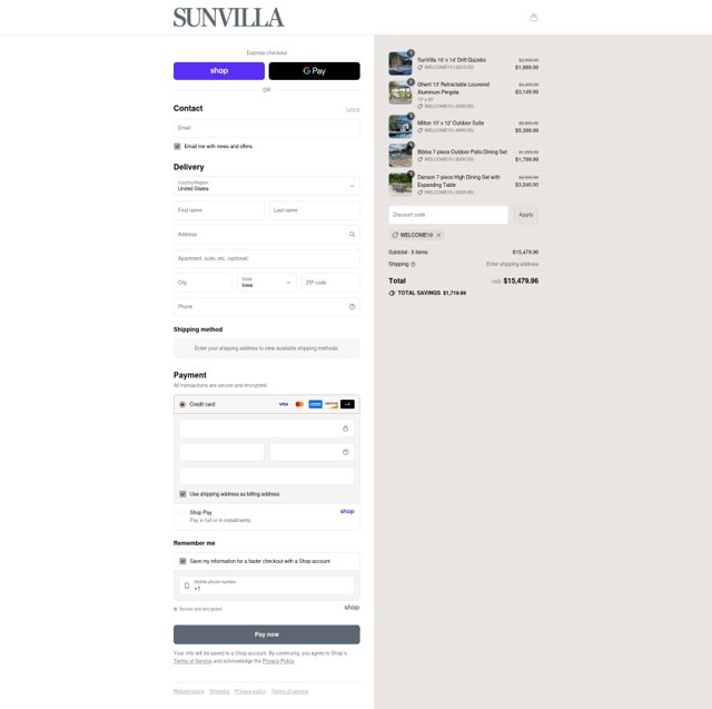 SunVilla checkout page showing SunVilla coupon code box | Screenshot taken by SimplyCodes community member on Aug 31, 2025