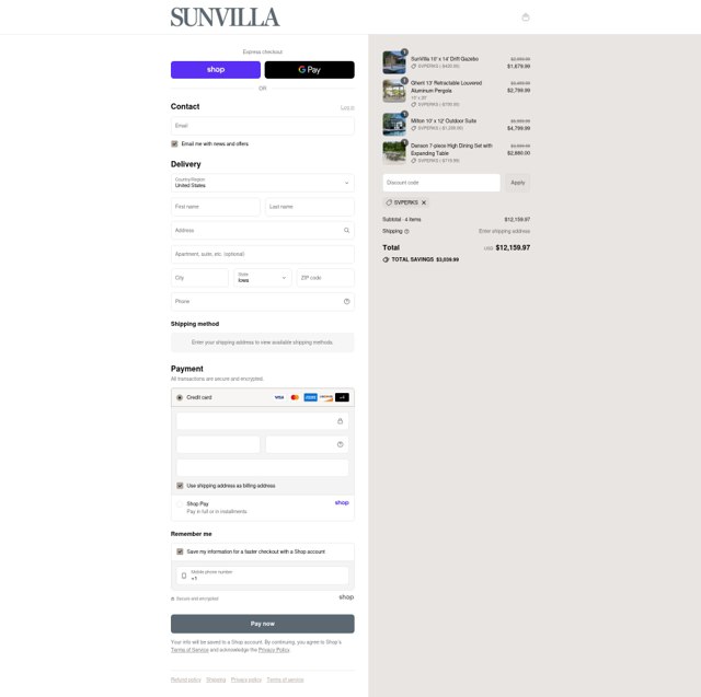 SunVilla checkout page showing SunVilla coupon code box | Screenshot taken by SimplyCodes community member on Sep 4, 2025