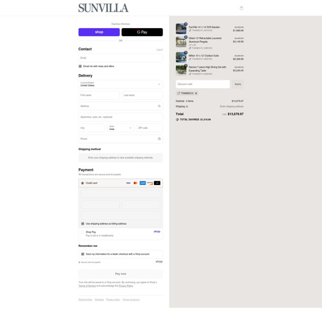 SunVilla checkout page showing SunVilla coupon code box | Screenshot taken by SimplyCodes community member on Sep 4, 2025
