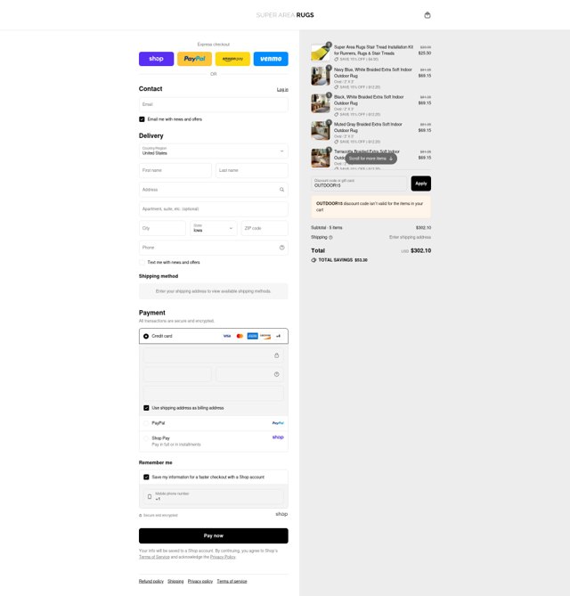 Super Area Rugs checkout page showing Super Area Rugs promo code box | Screenshot taken by SimplyCodes community member on Sep 7, 2025