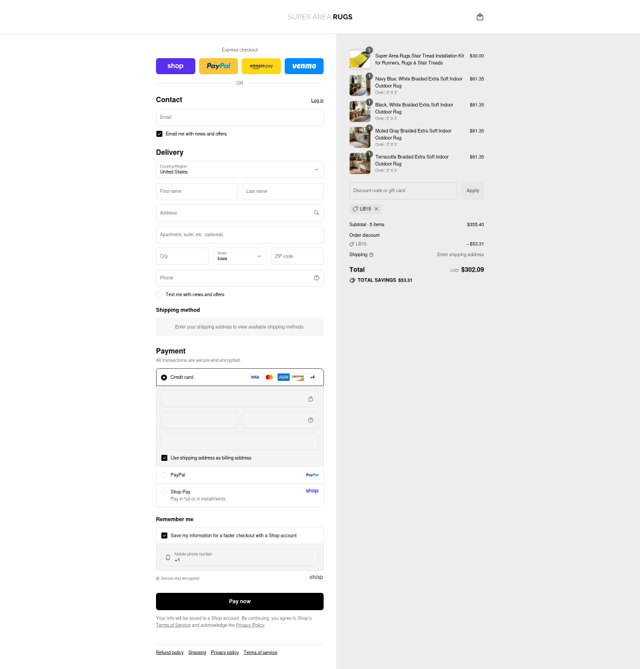 Super Area Rugs checkout page showing Super Area Rugs promo code box | Screenshot taken by SimplyCodes community member on Sep 7, 2025