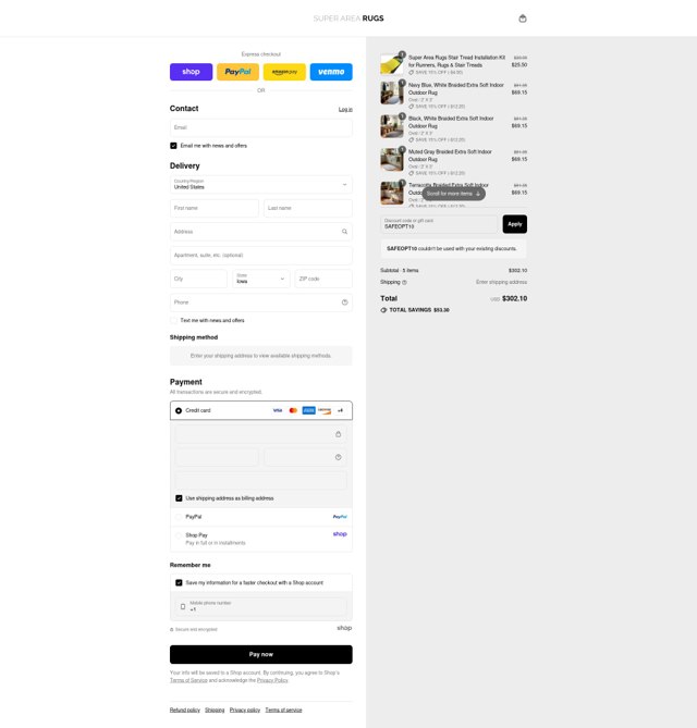 Super Area Rugs checkout page showing Super Area Rugs promo code box | Screenshot taken by SimplyCodes community member on Sep 7, 2025