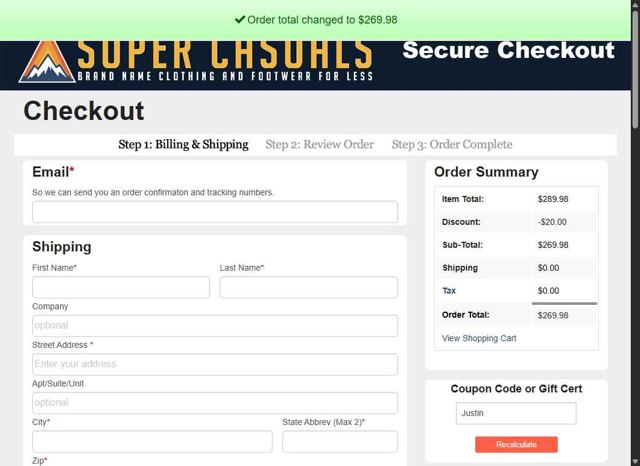 Super Casuals checkout page showing Super Casuals coupon code box | Screenshot taken by SimplyCodes community member on Jun 5, 2025