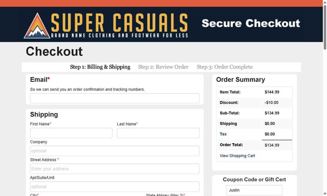 Super Casuals checkout page showing Super Casuals coupon code box | Screenshot taken by SimplyCodes community member on May 18, 2025