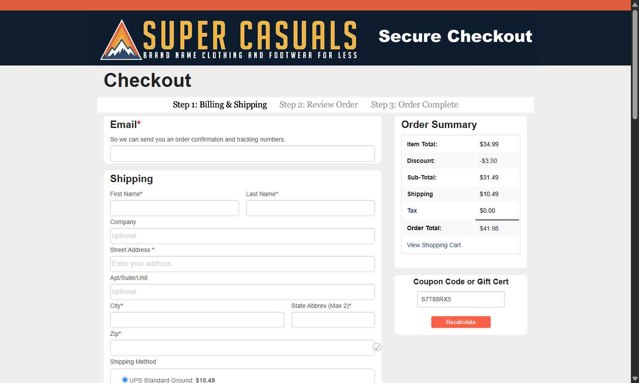 Super Casuals checkout page showing Super Casuals coupon code box | Screenshot taken by SimplyCodes community member on Jun 16, 2025