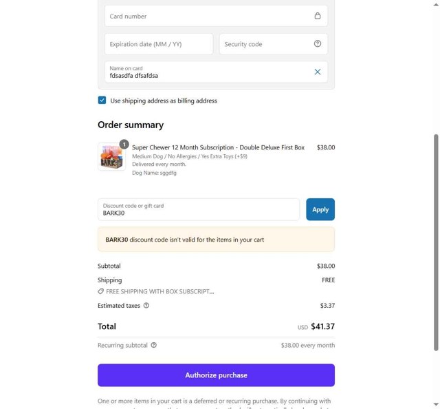 Super Chewer checkout page showing Super Chewer discount code box | Screenshot taken by SimplyCodes community member on Jul 21, 2025