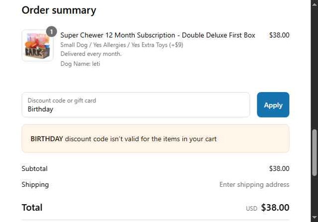 Super Chewer checkout page showing Super Chewer discount code box | Screenshot taken by SimplyCodes community member on Jul 21, 2025