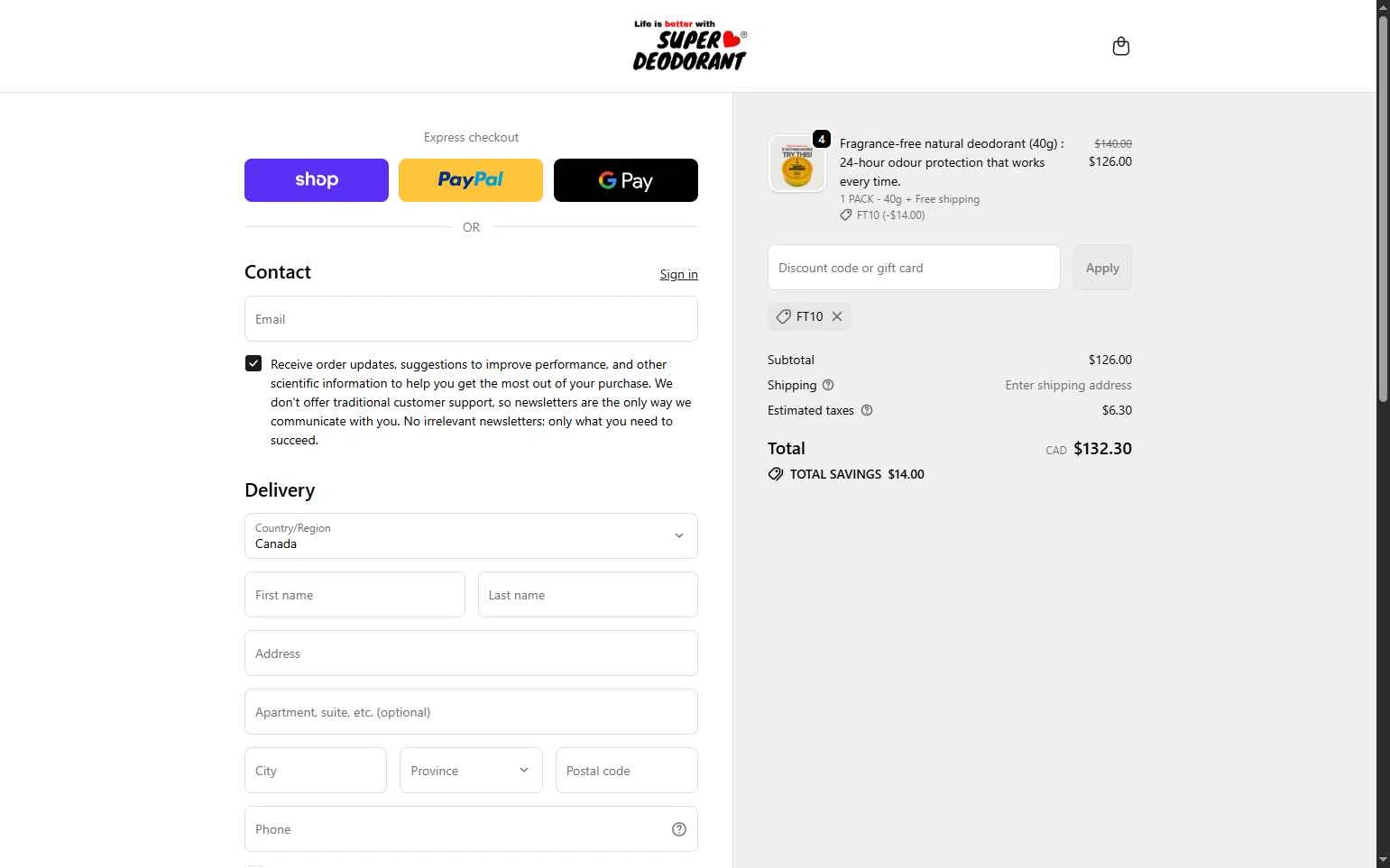 Super Deodorant checkout page showing Super Deodorant discount code box | Screenshot taken by SimplyCodes community member on Oct 13, 2025