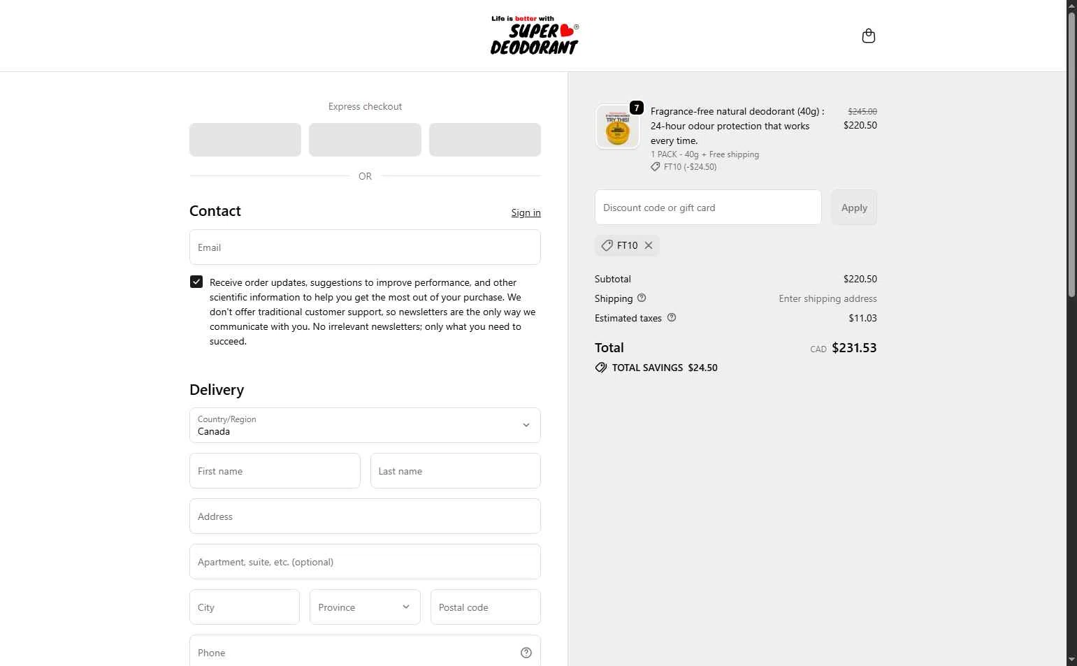 Super Deodorant checkout page showing Super Deodorant discount code box | Screenshot taken by SimplyCodes community member on Nov 25, 2025