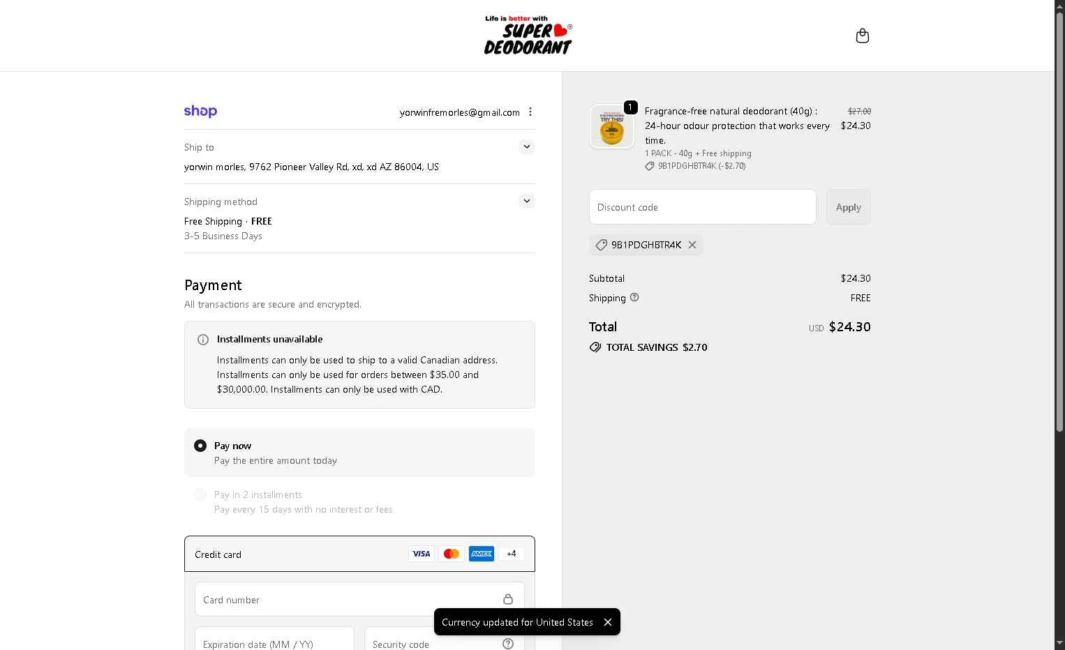 Super Deodorant checkout page showing Super Deodorant discount code box | Screenshot taken by SimplyCodes community member on Jan 25, 2026