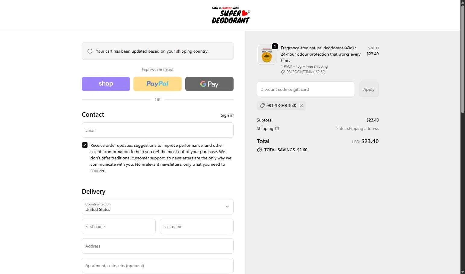 Super Deodorant checkout page showing Super Deodorant discount code box | Screenshot taken by SimplyCodes community member on Nov 28, 2025