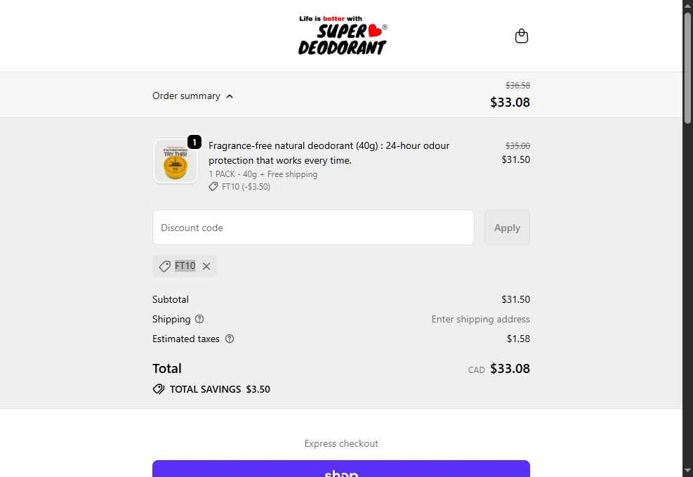 Super Deodorant checkout page showing Super Deodorant discount code box | Screenshot taken by SimplyCodes community member on Dec 24, 2025