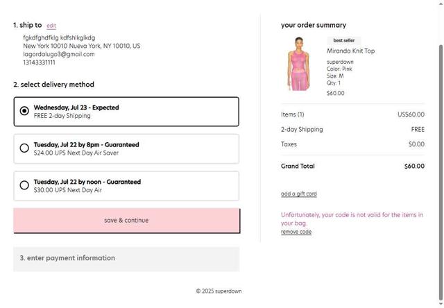 Superdown checkout page showing Superdown promo code box | Screenshot taken by SimplyCodes community member on Jul 19, 2025
