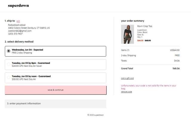 Superdown checkout page showing Superdown promo code box | Screenshot taken by SimplyCodes community member on Jun 1, 2025