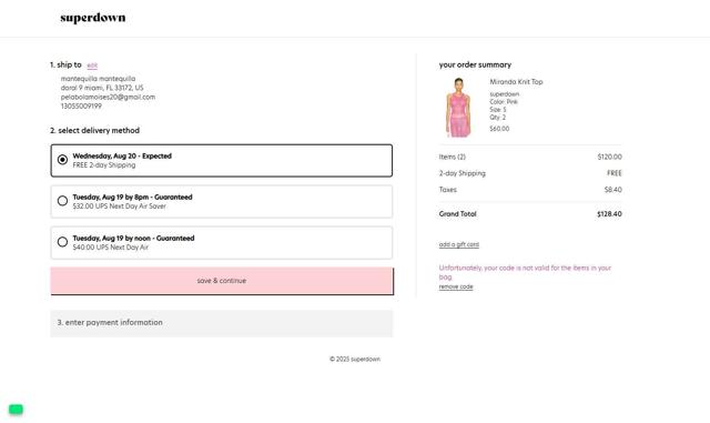 Superdown checkout page showing Superdown promo code box | Screenshot taken by SimplyCodes community member on Aug 17, 2025