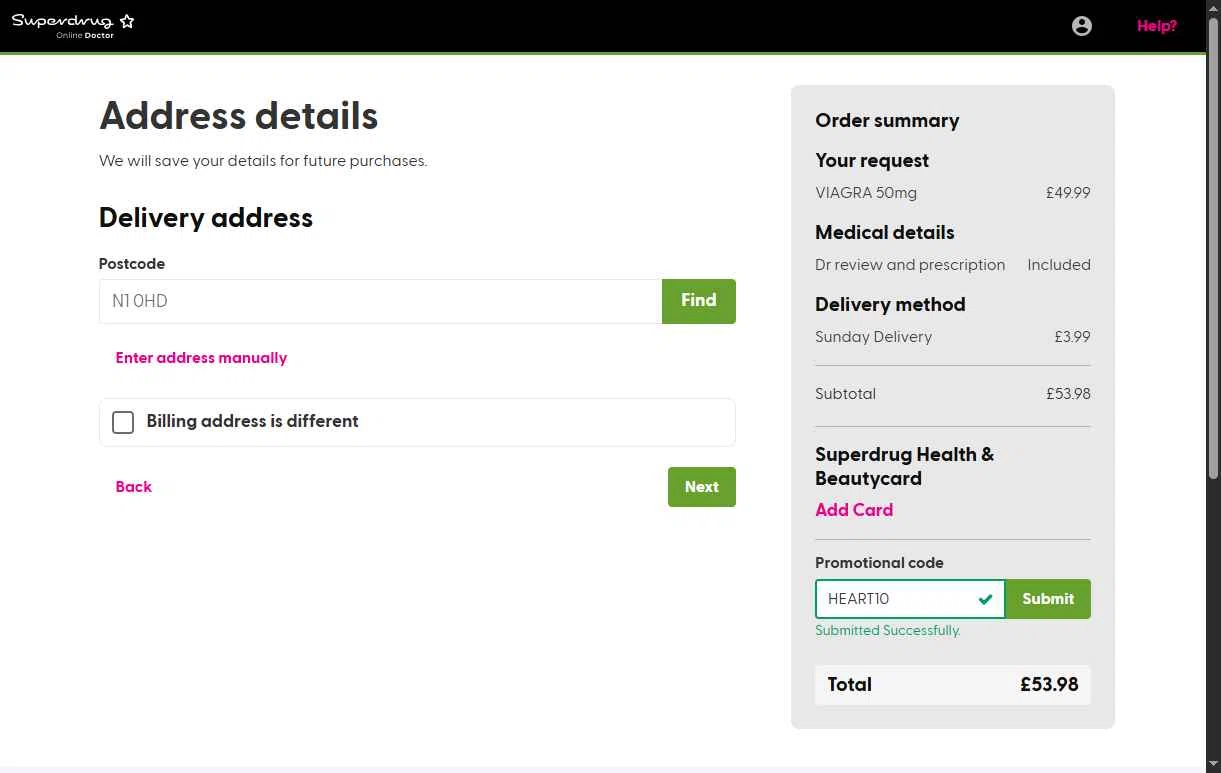 Superdrug Online Doctor checkout page showing Superdrug Online Doctor promo code box | Screenshot taken by SimplyCodes community member on Feb 14, 2026