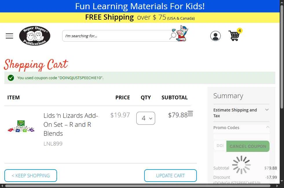 Super Duper checkout page showing Super Duper promo code box | Screenshot taken by SimplyCodes community member on Dec 5, 2025