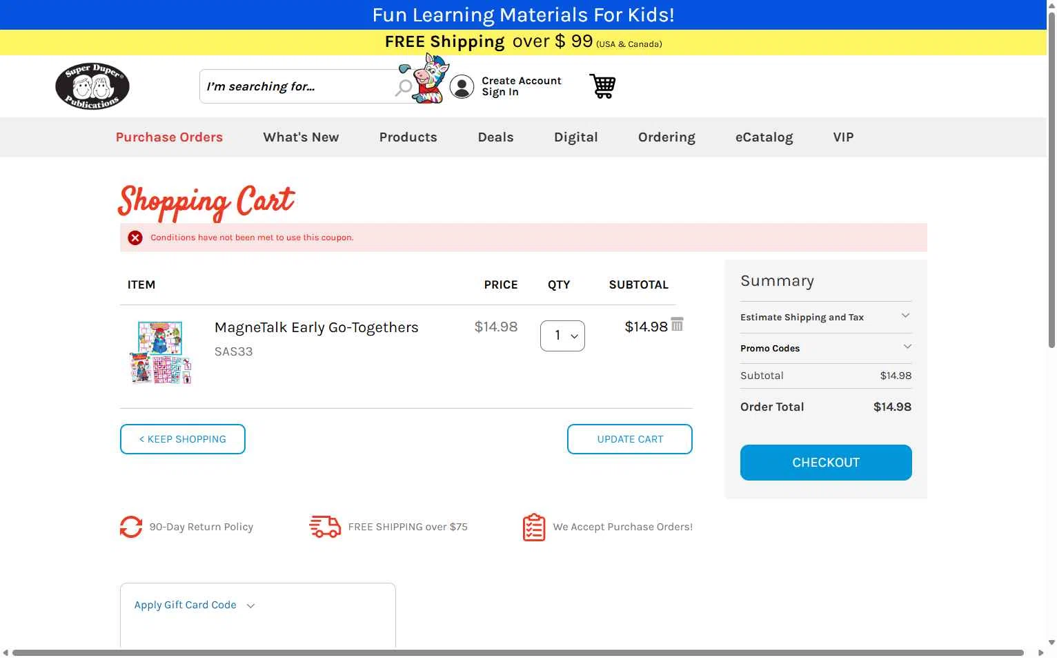 Super Duper checkout page showing Super Duper promo code box | Screenshot taken by SimplyCodes community member on Jan 23, 2026