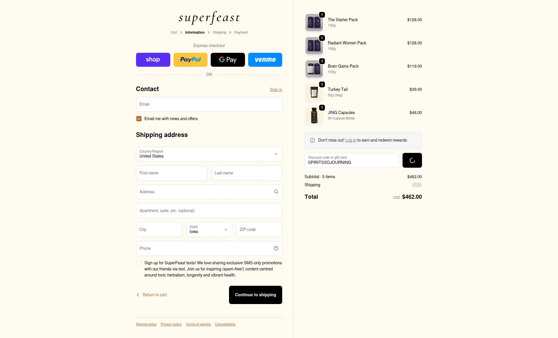 SuperFeast checkout page showing SuperFeast discount code box | Screenshot taken by SimplyCodes community member on Jan 6, 2026