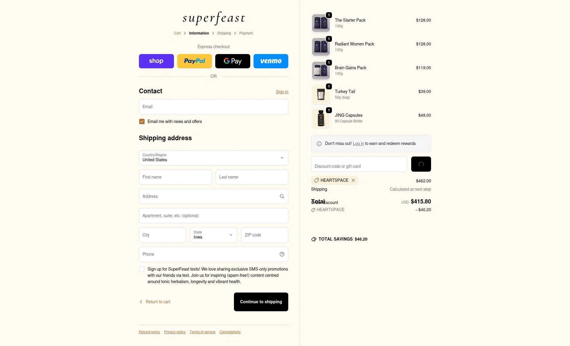 SuperFeast checkout page showing SuperFeast discount code box | Screenshot taken by SimplyCodes community member on Jan 6, 2026