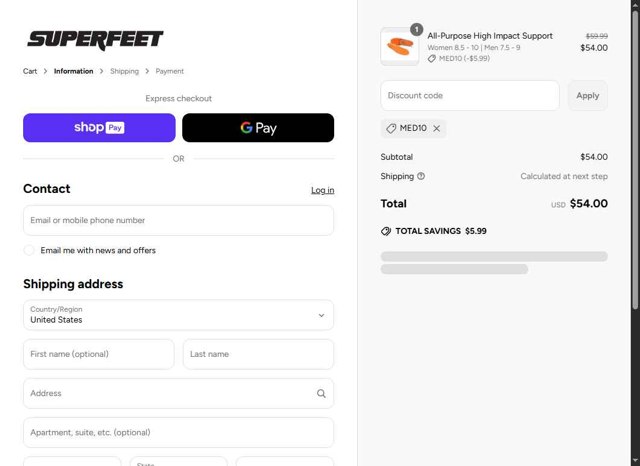 Superfeet checkout page showing Superfeet discount code box | Screenshot taken by SimplyCodes community member on May 12, 2025