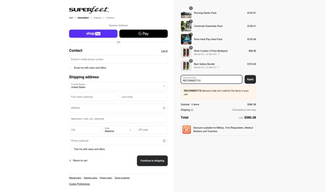 Superfeet checkout page showing Superfeet discount code box | Screenshot taken by SimplyCodes community member on May 5, 2025