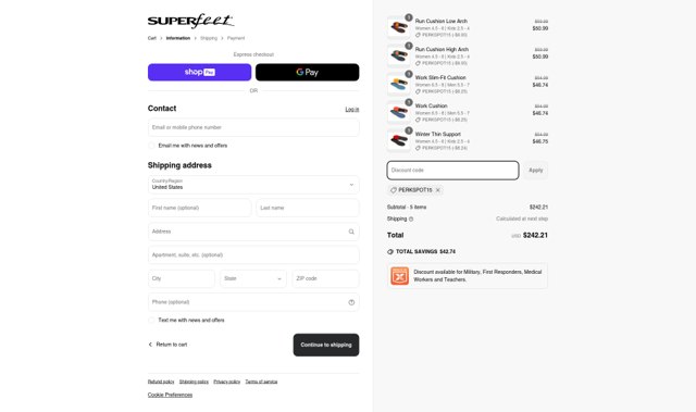 Superfeet checkout page showing Superfeet discount code box | Screenshot taken by SimplyCodes community member on Apr 27, 2025