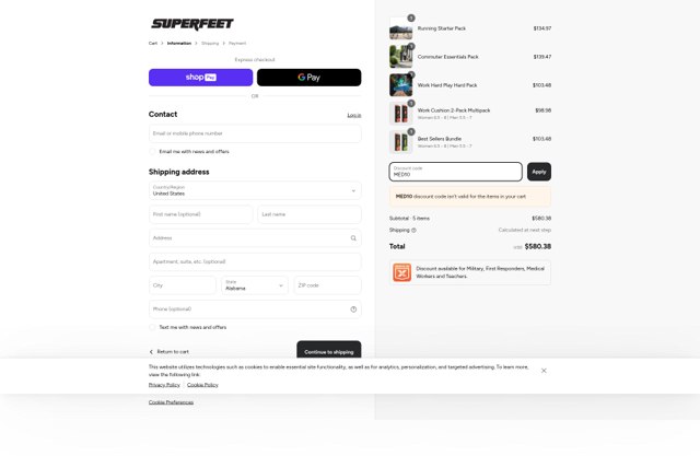 Superfeet checkout page showing Superfeet discount code box | Screenshot taken by SimplyCodes community member on May 14, 2025