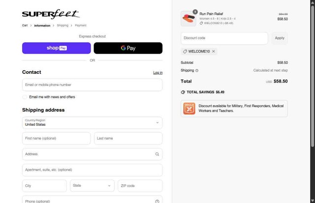 Superfeet checkout page showing Superfeet discount code box | Screenshot taken by SimplyCodes community member on Apr 26, 2025