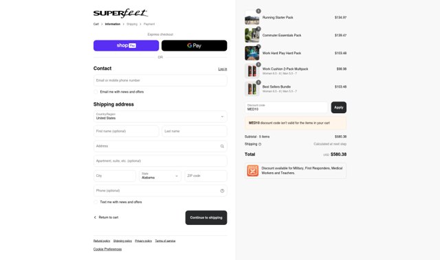 Superfeet checkout page showing Superfeet discount code box | Screenshot taken by SimplyCodes community member on May 5, 2025