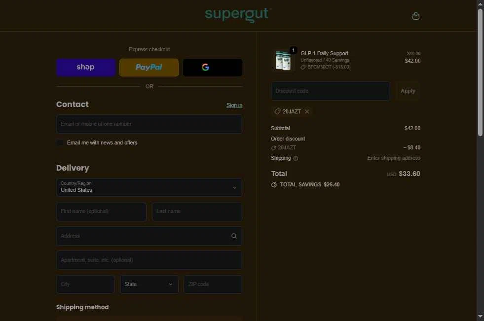 Supergut checkout page showing Supergut coupon code box | Screenshot taken by SimplyCodes community member on Nov 30, 2025