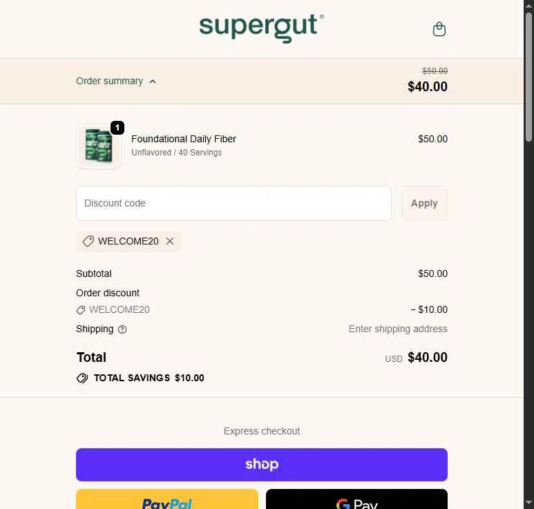 Supergut checkout page showing Supergut coupon code box | Screenshot taken by SimplyCodes community member on Jan 4, 2026