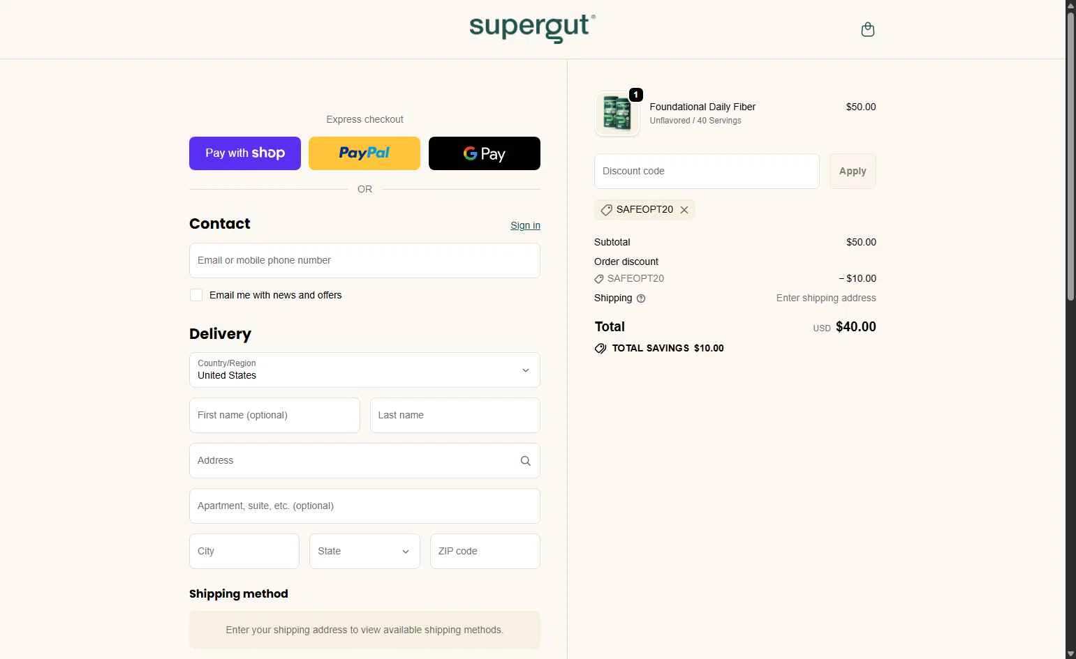 Supergut checkout page showing Supergut coupon code box | Screenshot taken by SimplyCodes community member on Jan 7, 2026