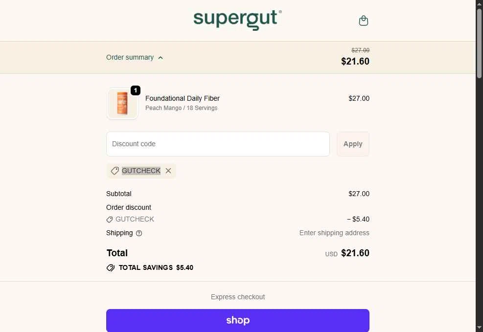 Supergut checkout page showing Supergut coupon code box | Screenshot taken by SimplyCodes community member on Dec 10, 2025