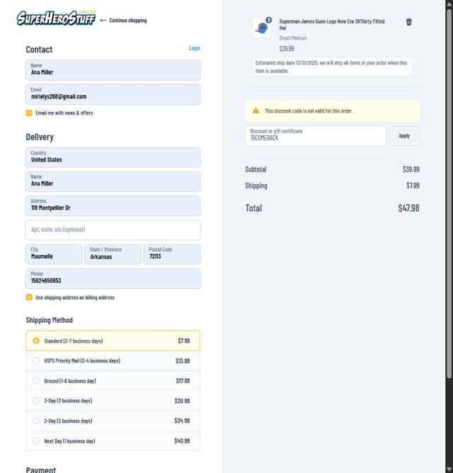 SuperHeroStuff checkout page showing SuperHeroStuff promo code box | Screenshot taken by SimplyCodes community member on Jul 25, 2025