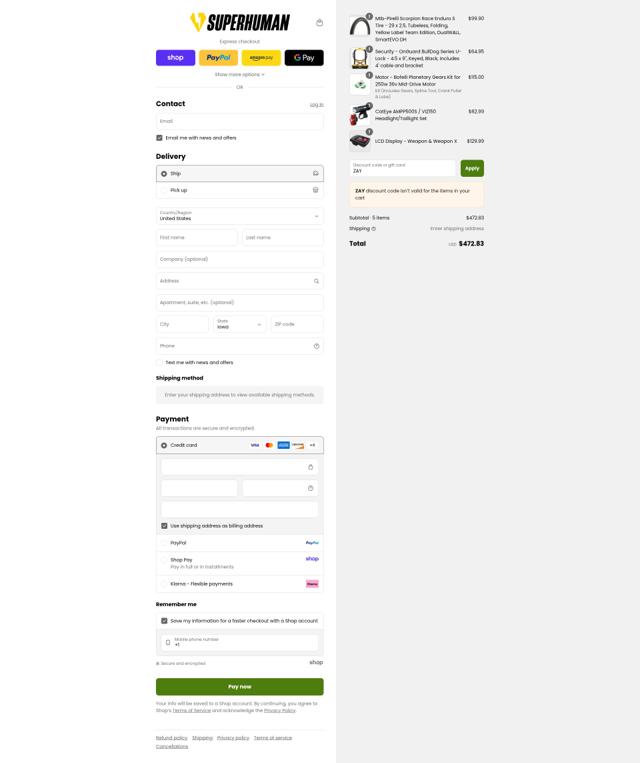 Superhuman Bikes checkout page showing Superhuman Bikes promo code box | Screenshot taken by SimplyCodes community member on Sep 9, 2025