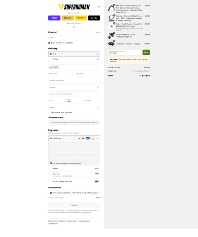 Superhuman Bikes checkout page showing Superhuman Bikes promo code box | Screenshot taken by SimplyCodes community member on Sep 9, 2025