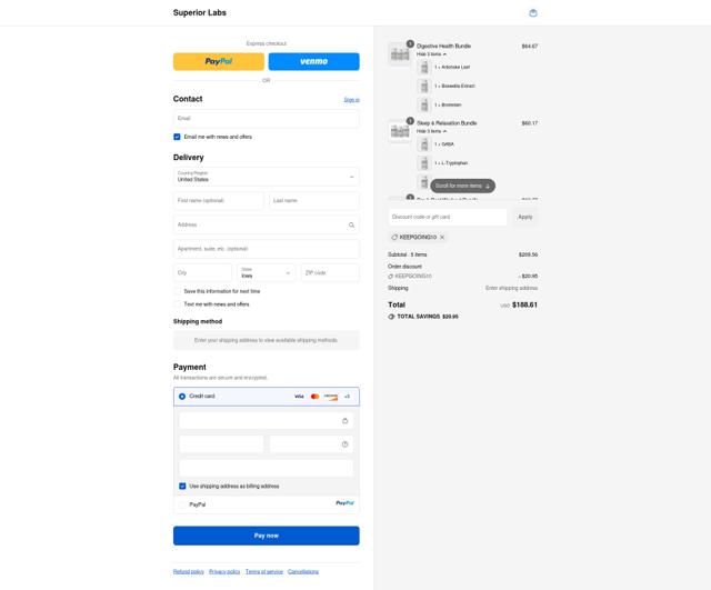 Superior Labs checkout page showing Superior Labs coupon code box | Screenshot taken by SimplyCodes community member on Sep 11, 2025